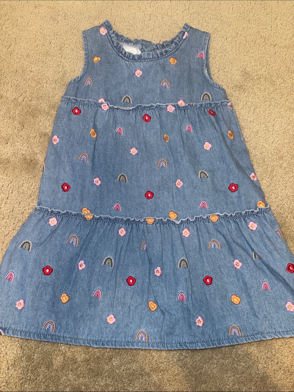 Mud Pie Denim Tiered Dress with Rainbow & Floral Embroidery